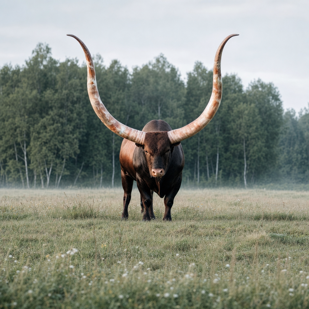 Longhorn Bull With Massive Horns in Cool Morning Meadow