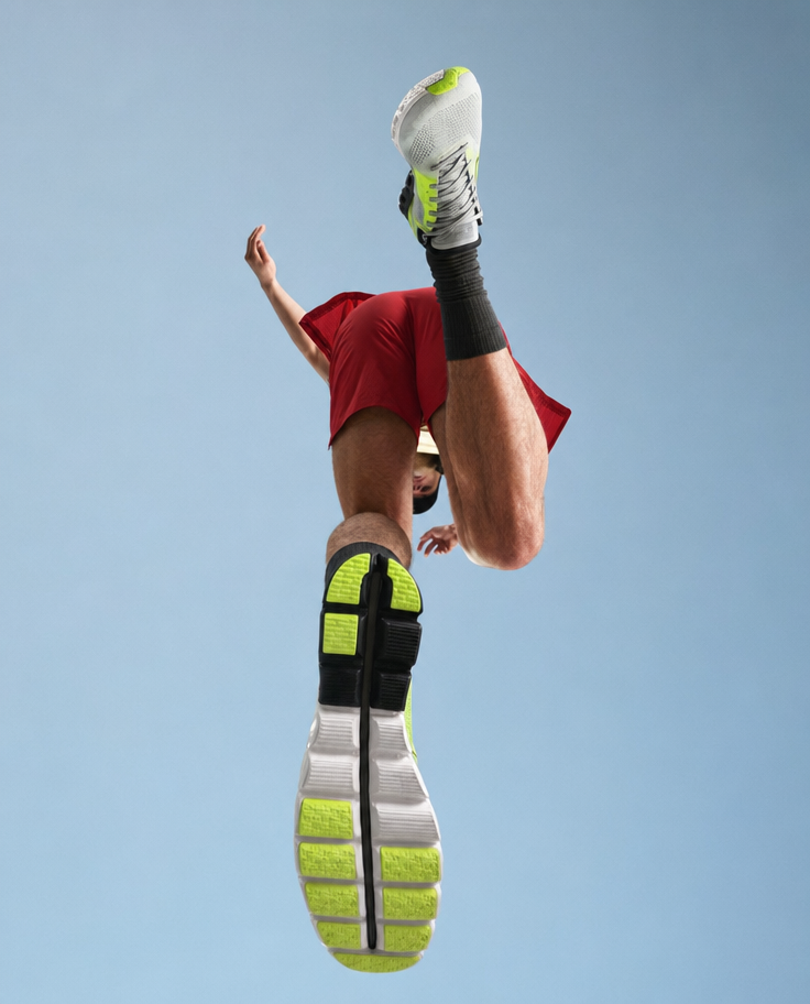 Low-Angle Athlete Leap with Neon Accents