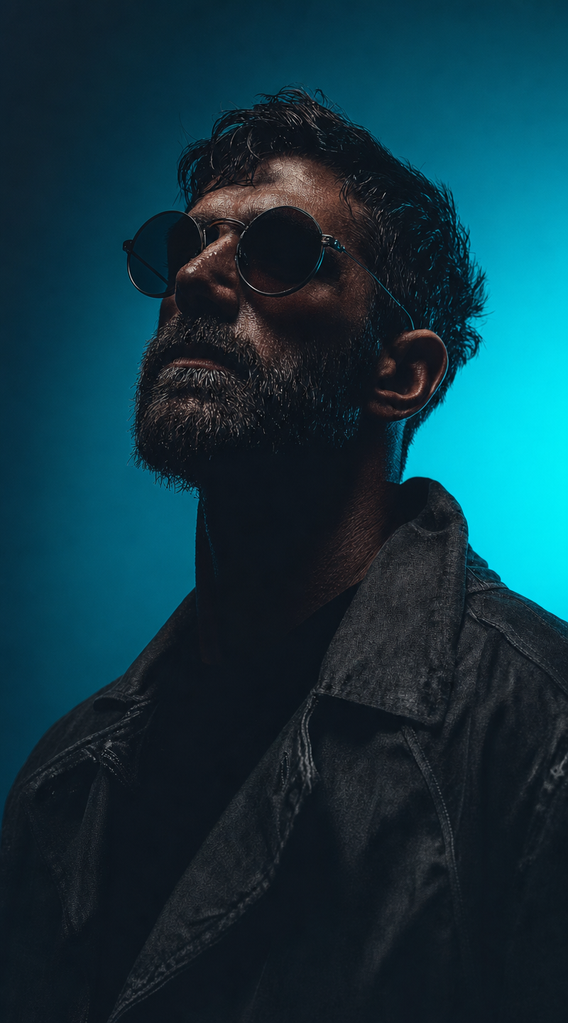 Low-Angle Bearded Man in Cyan Rimlight
