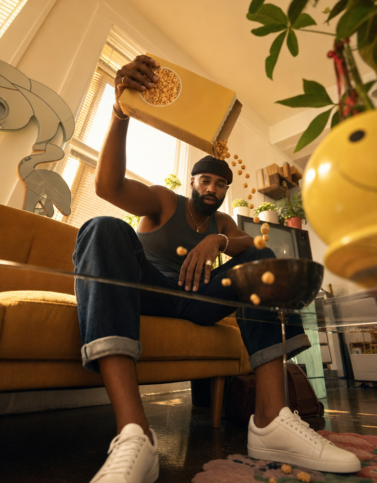 Low-angle cereal spill in cozy living