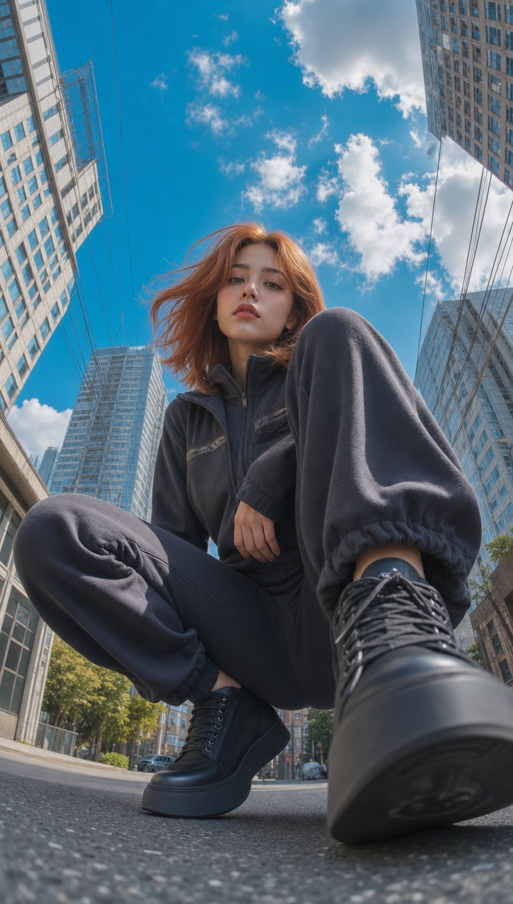 Low-angle editorial crouch in golden city light