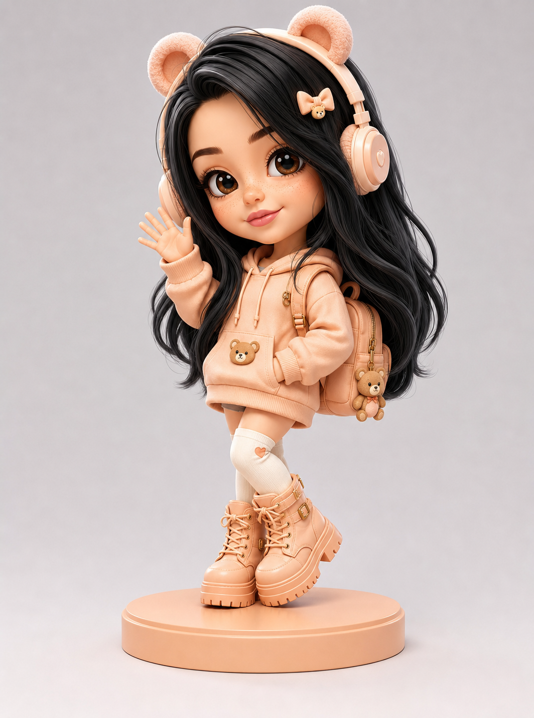 Luxury chibi girl on peach pedestal