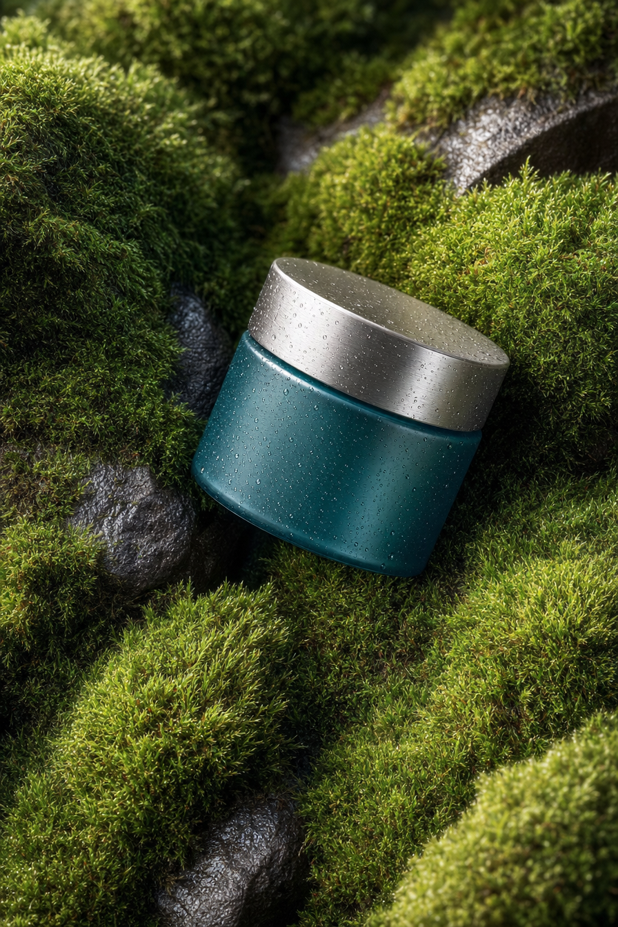 Luxury cream jar on moss rocks