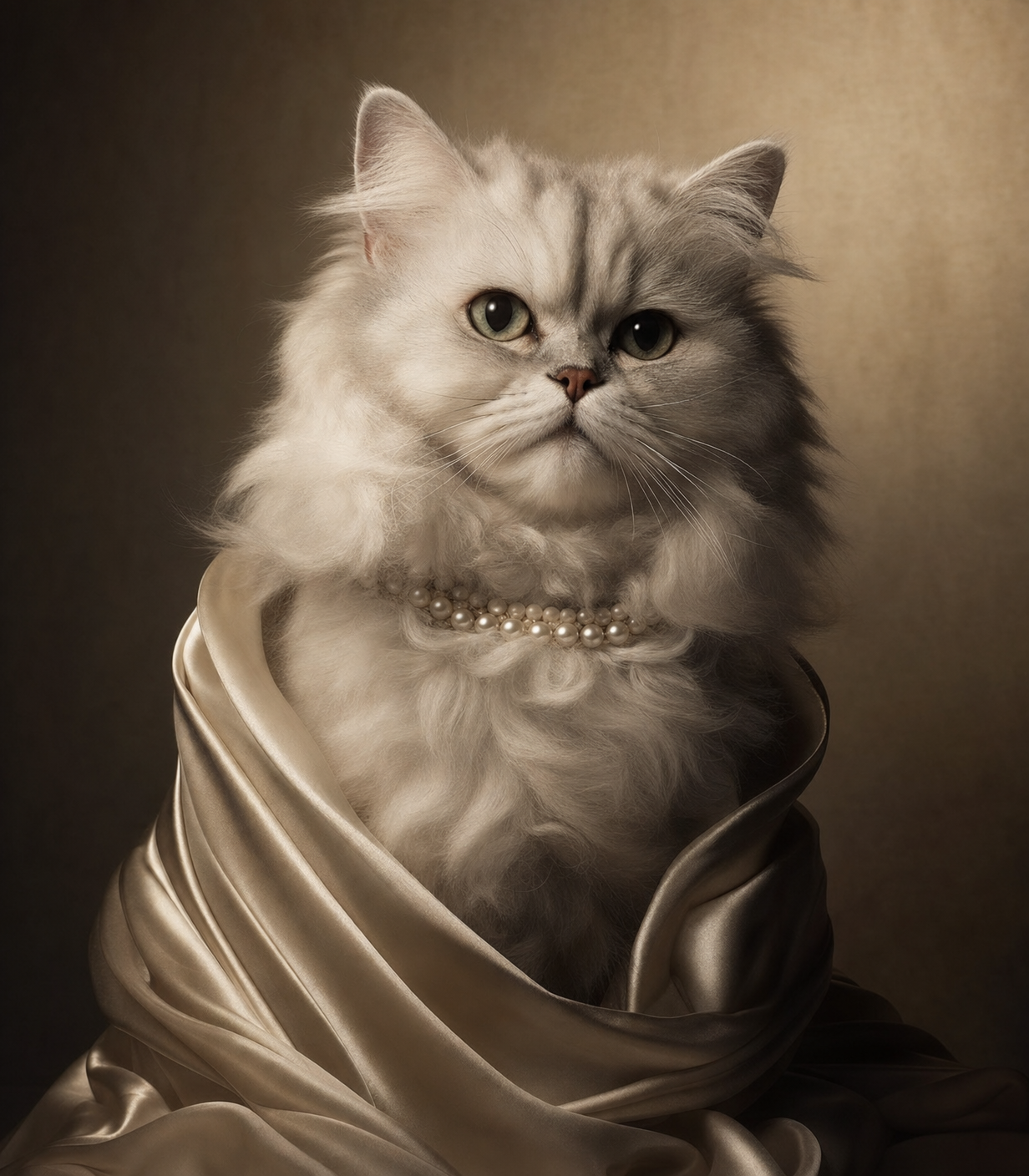 Feline Elegance in Pearl and Silk