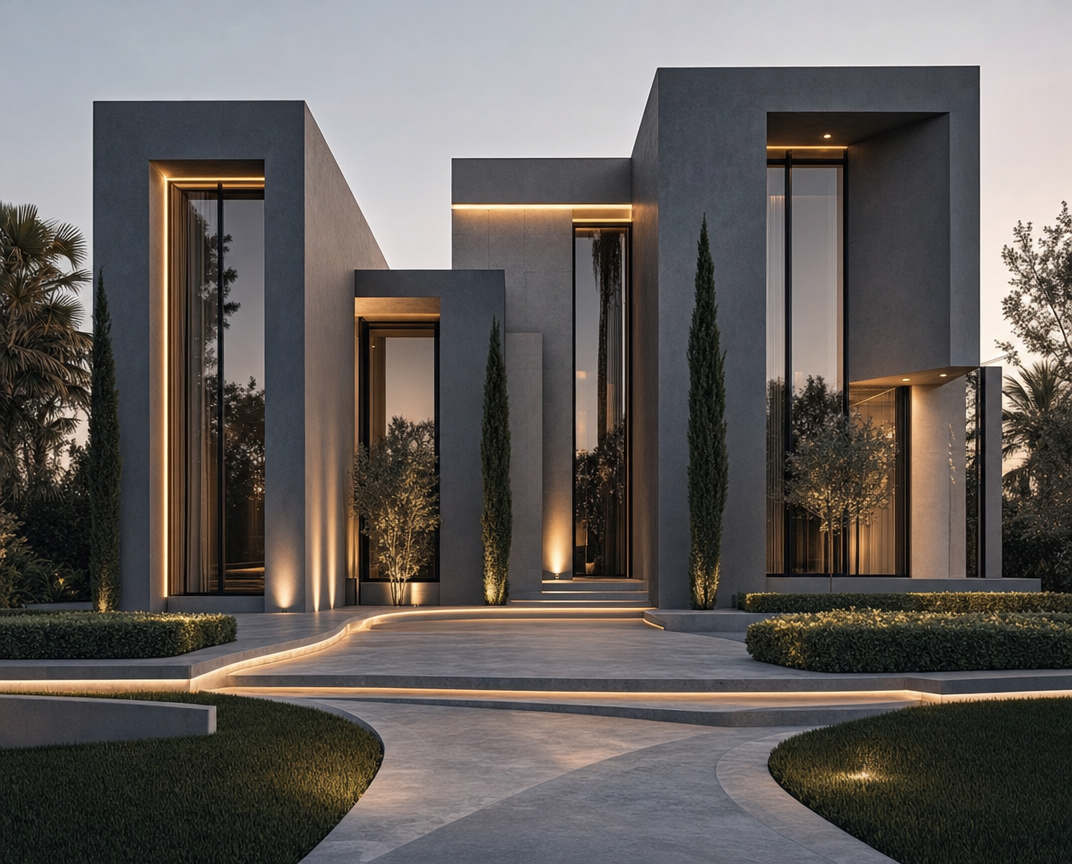 Luxury modern villa with dark concrete facade and vertical windows