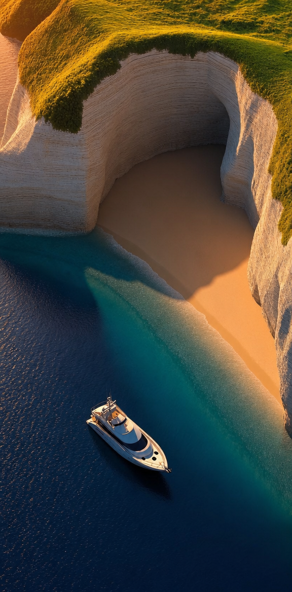 Luxury yacht near chalk cliffs at dusk