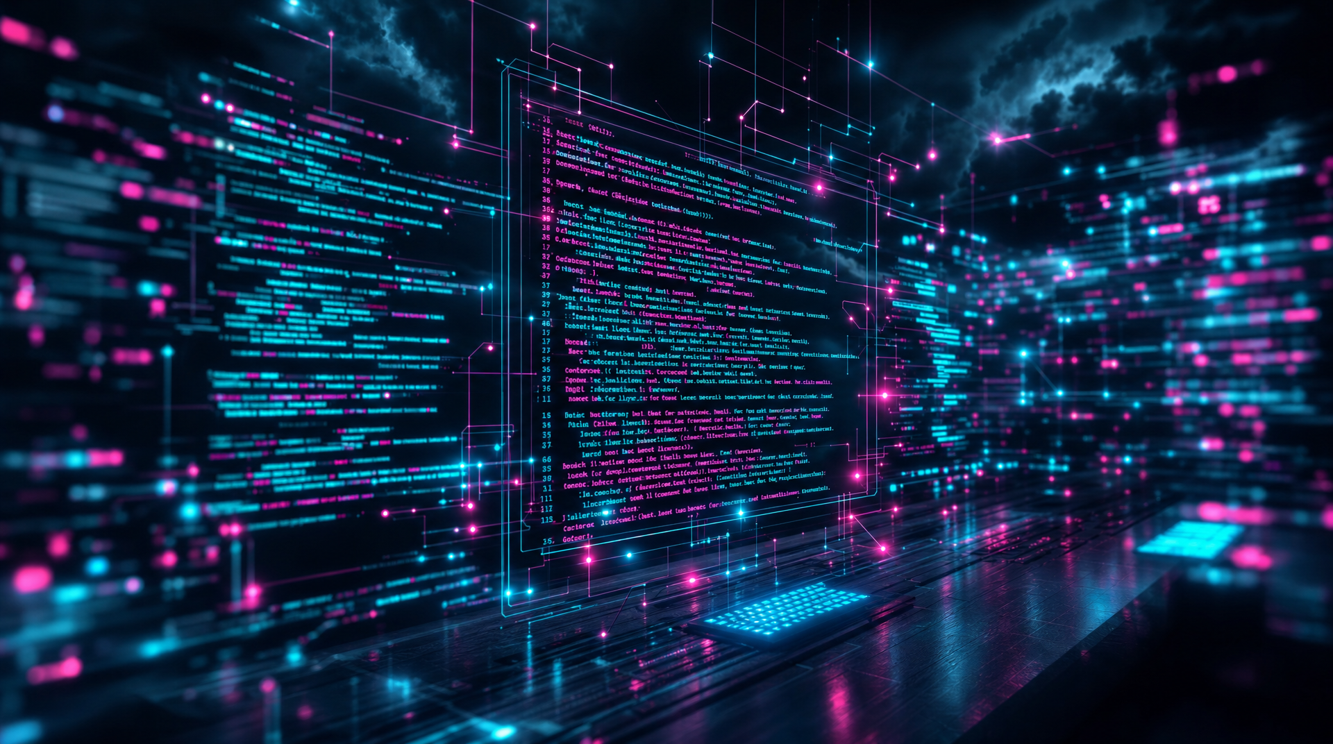 Magenta-Cyan Holographic Control Room