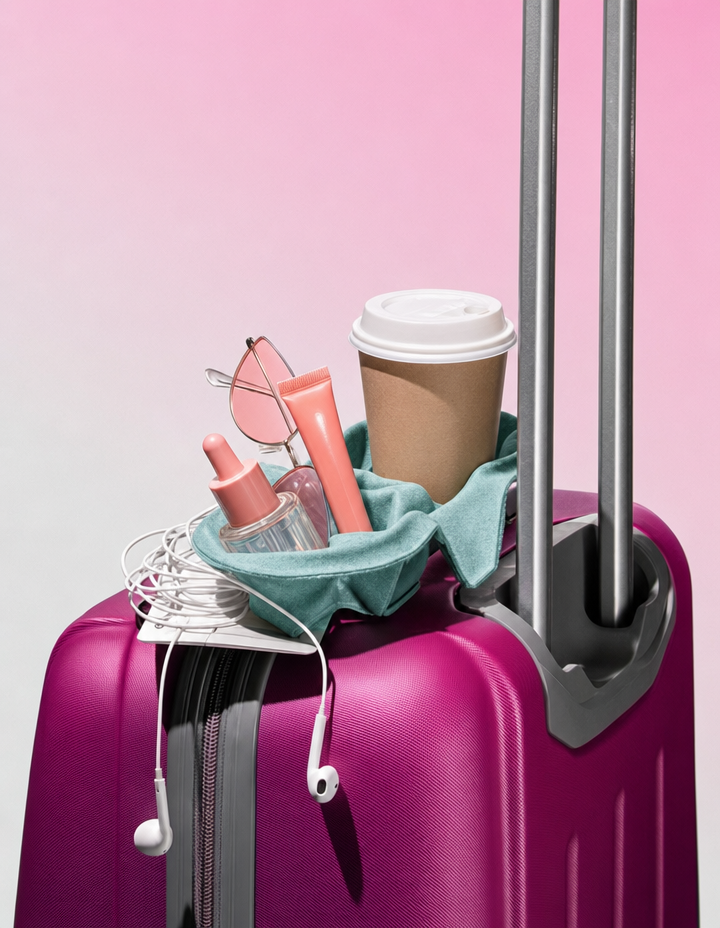 Magenta suitcase with travel beauty essentials