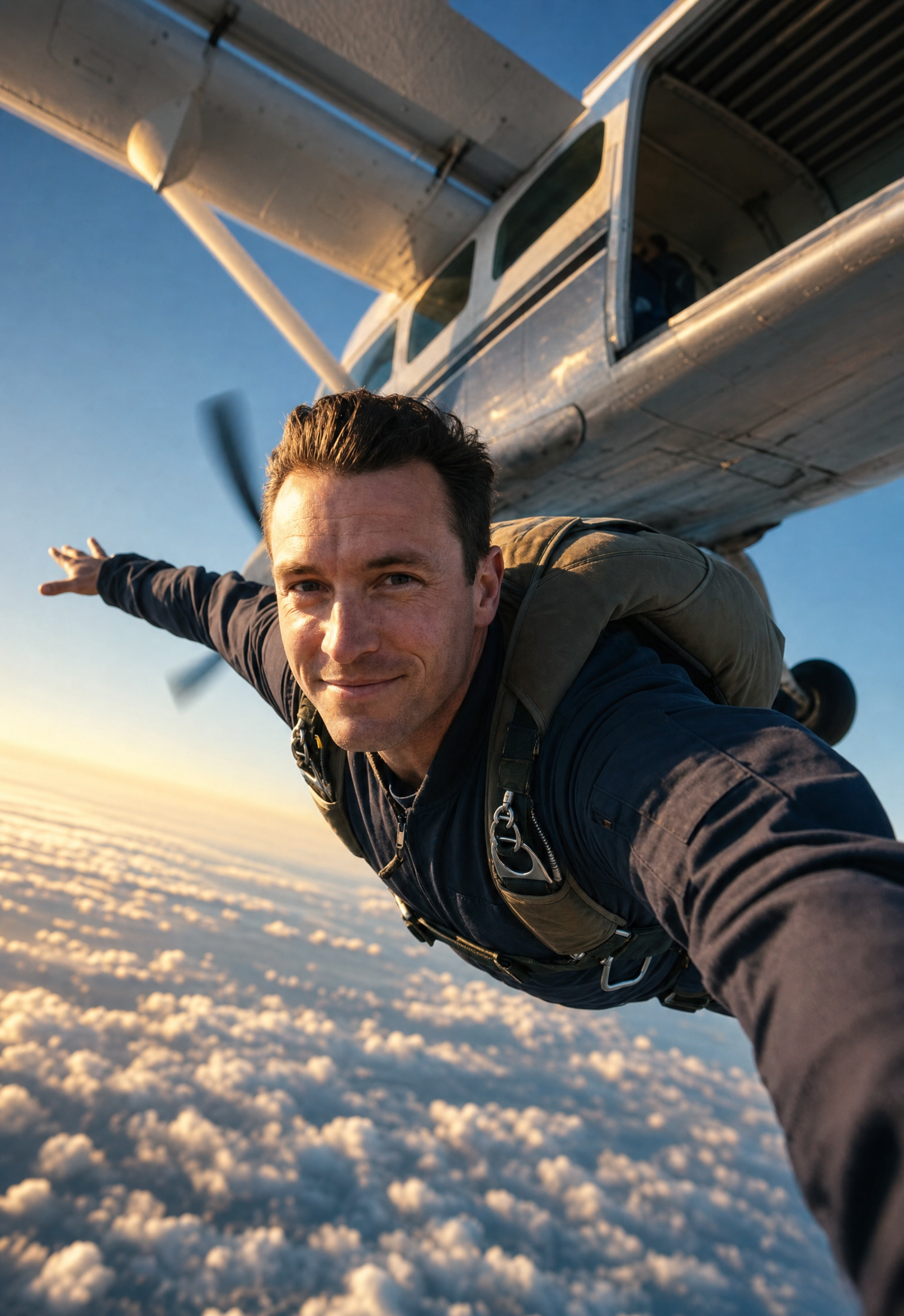 Male Skydiver in Navy Jumpsuit Near Prop Plane