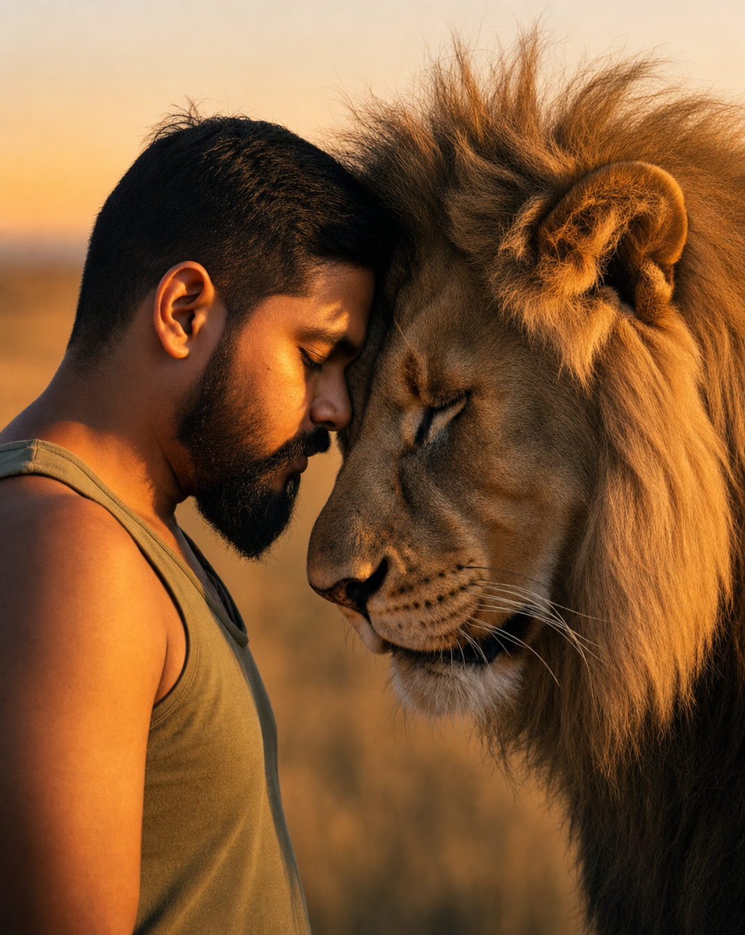 Man and lion share a forehead touch