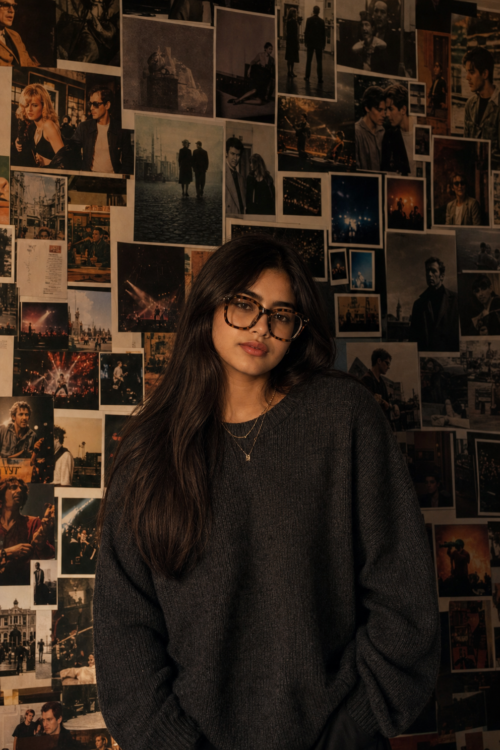 Young Woman with Glasses Before Vintage Collage