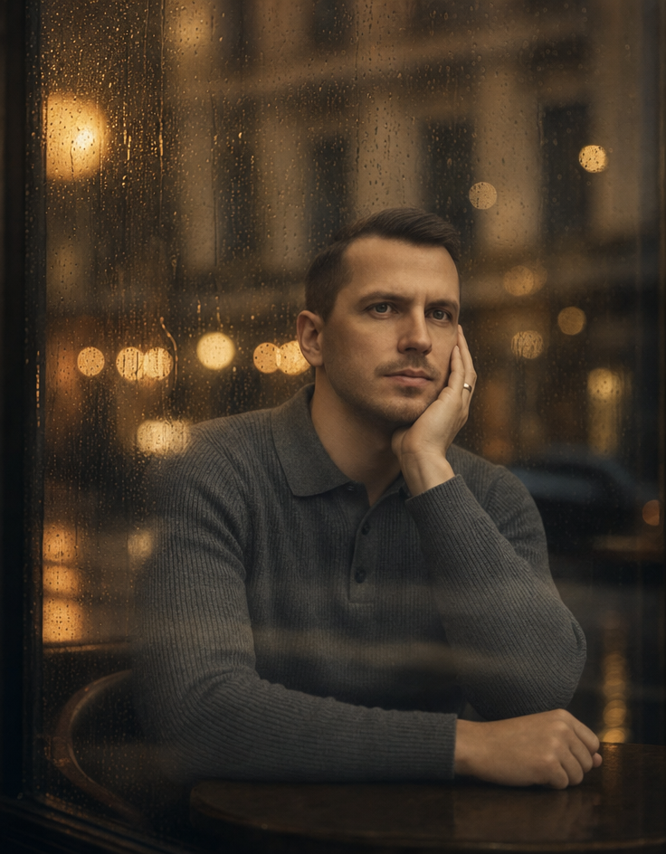 Man by rainy window with amber city bokeh