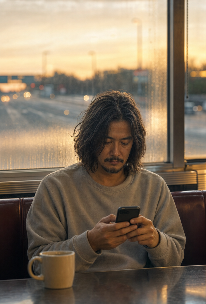 Man Checking Phone at Dawn Diner