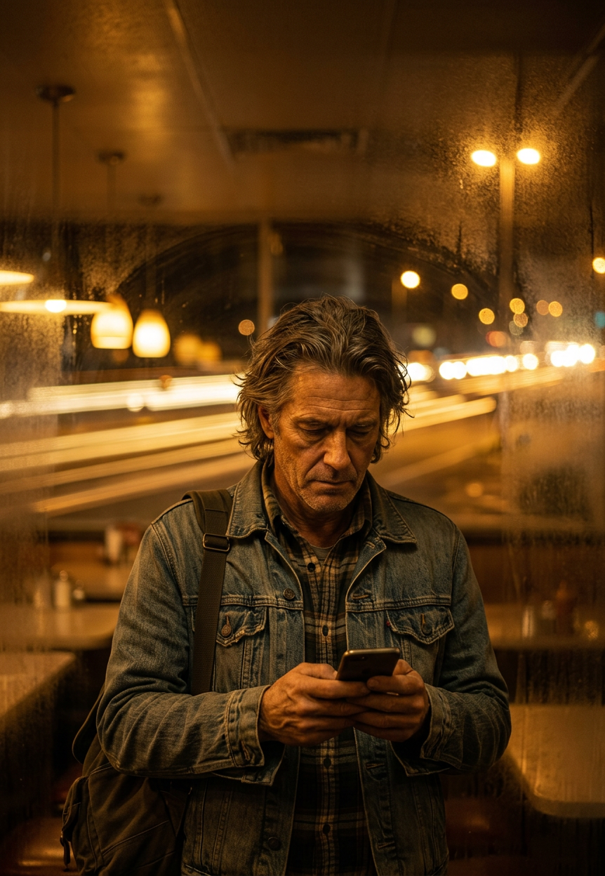 Man Checking Phone at Dawn Diner