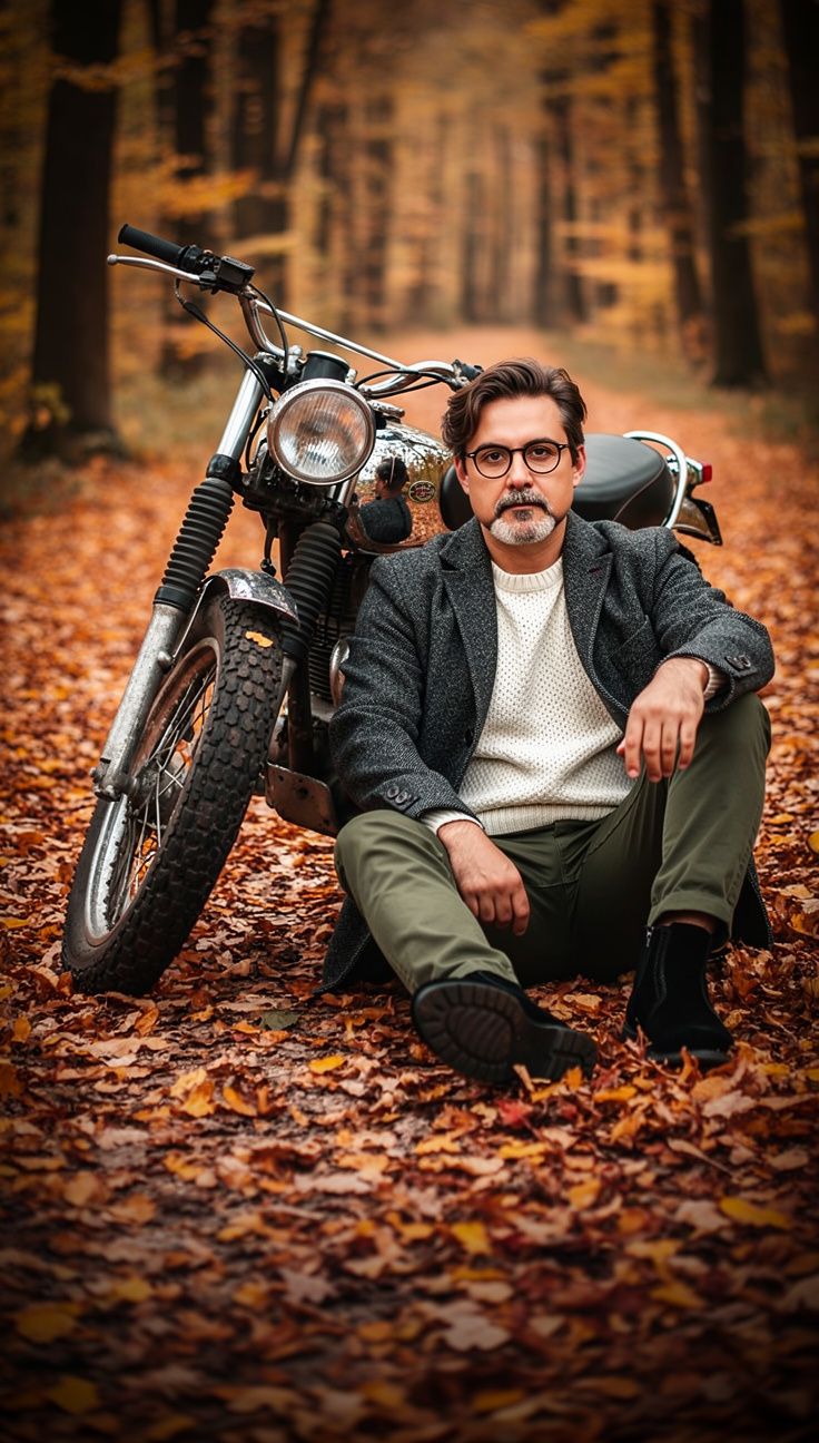 Man in amber autumn by vintage bike