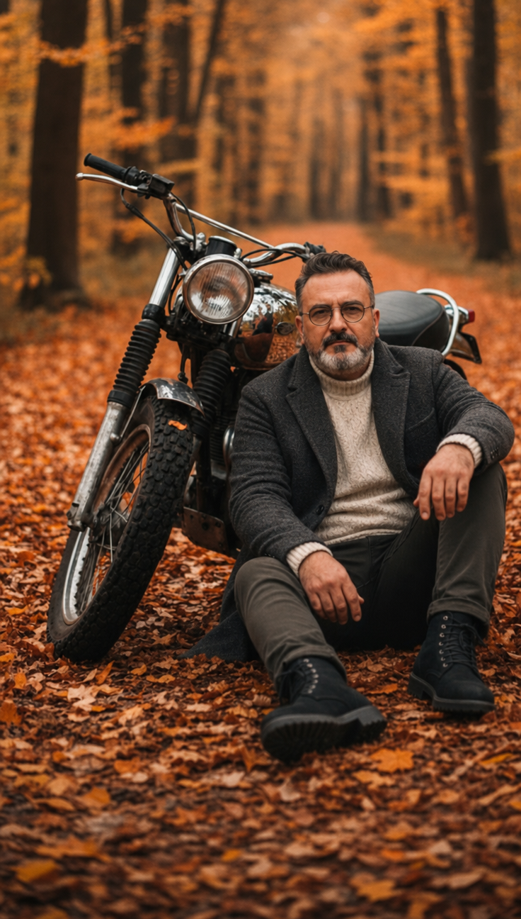 Man in amber autumn by vintage bike