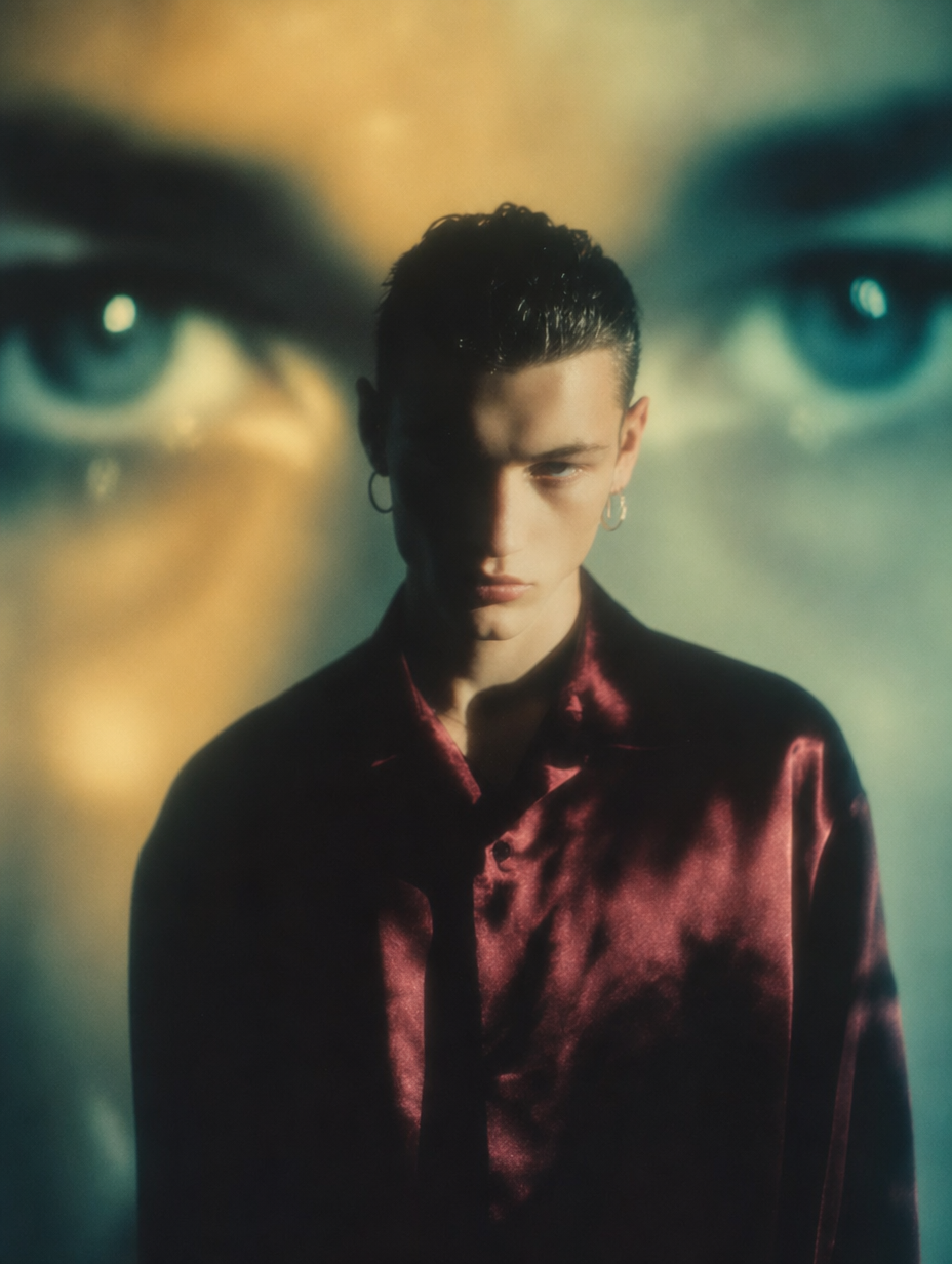 Man in burgundy satin shirt with cyan projected eyes