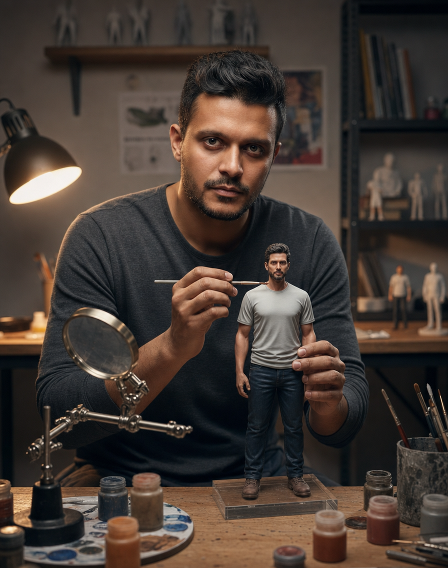 Man in charcoal shirt painting miniature self