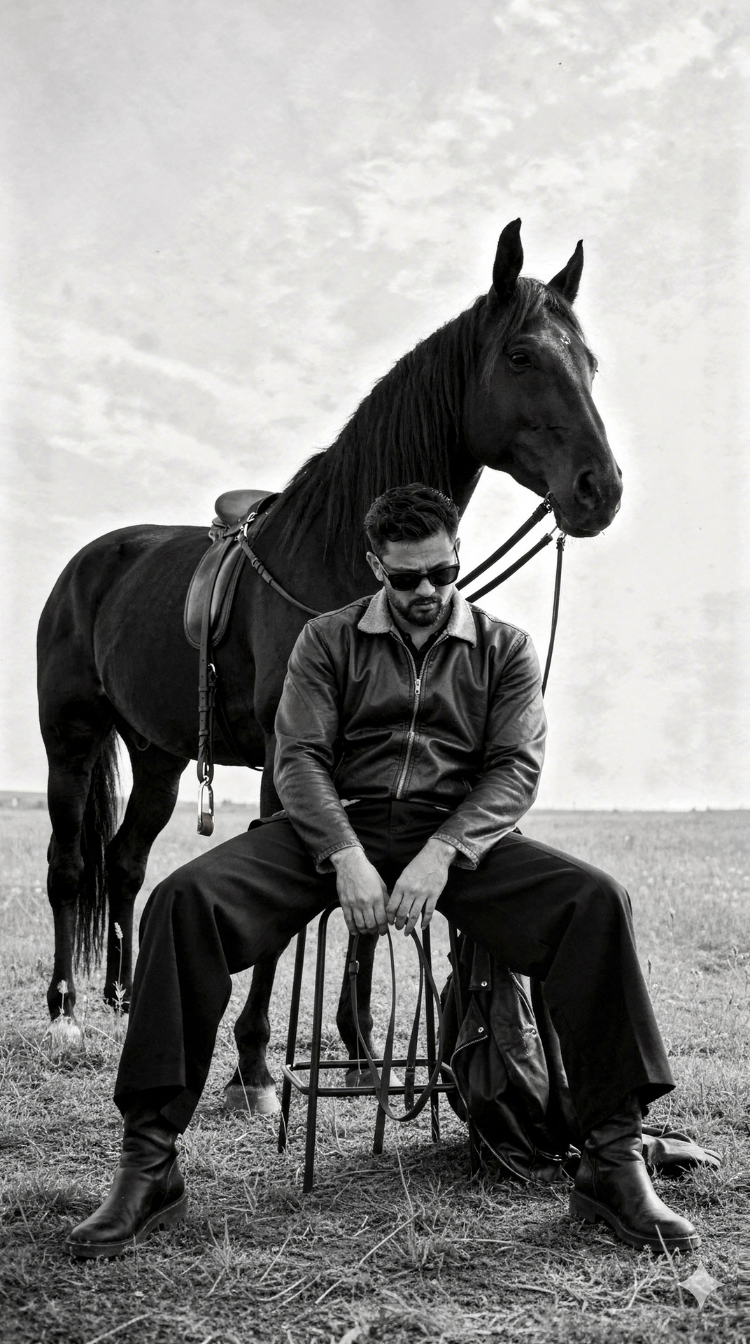 Man in Contemplation with Horse Behind