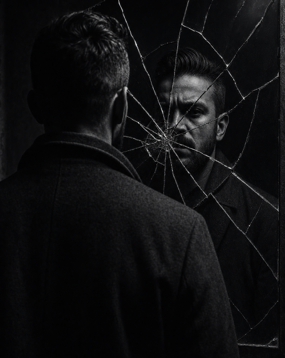 Man in dark coat staring into cracked mirror