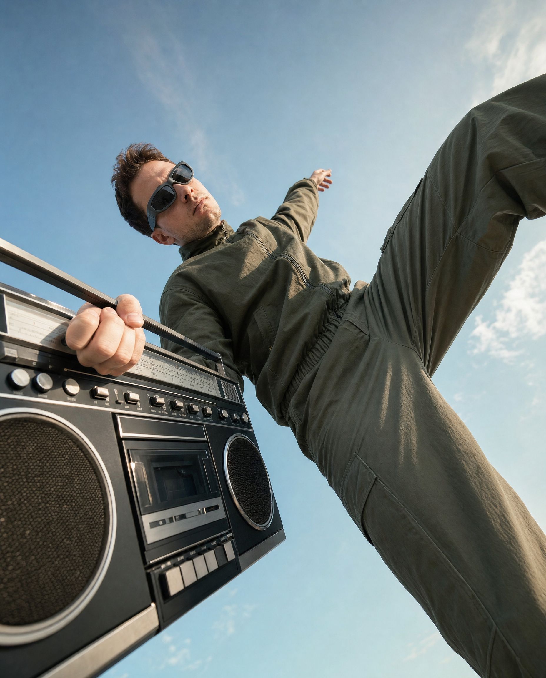 Man in dark olive suit with black boombox