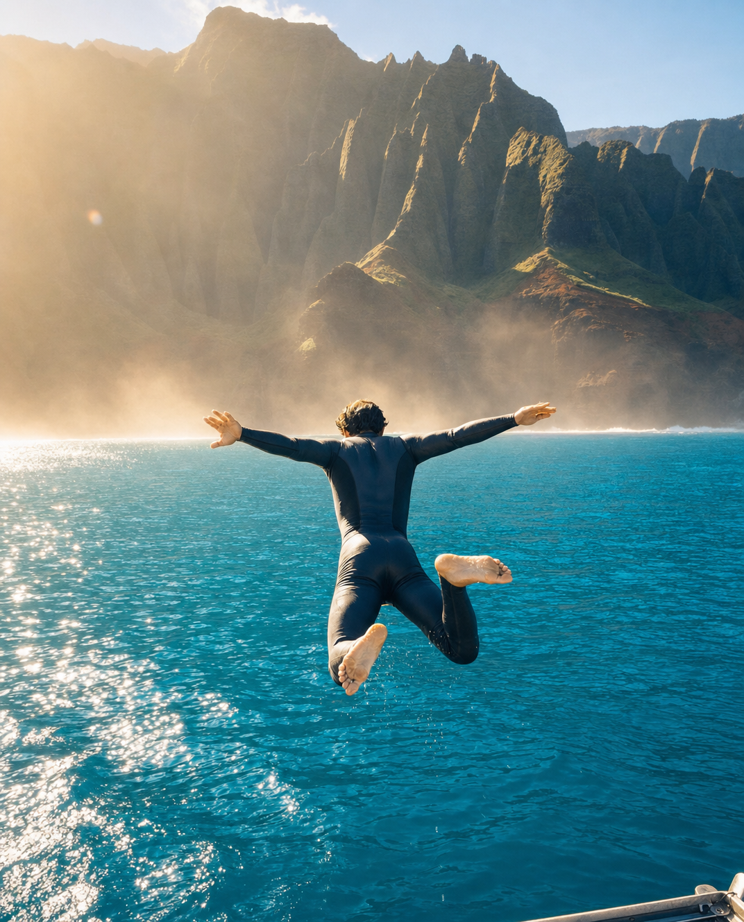 Man in dark wetsuit jumping into turquoise ocean