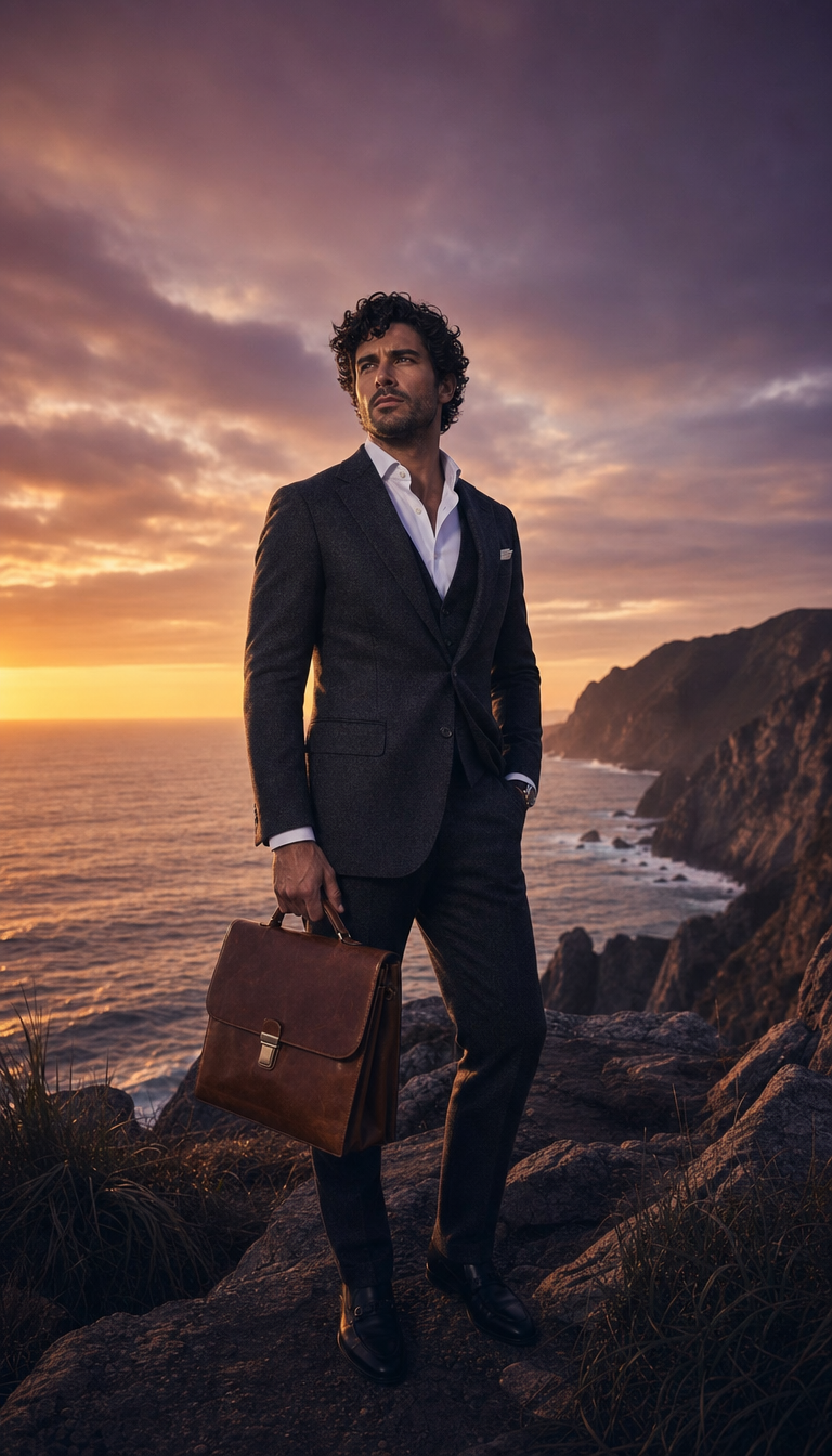 Man in Grey Suit on Coastal Cliff at Dawn