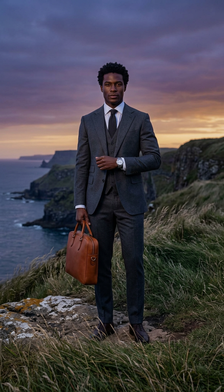 Man in Grey Suit on Coastal Cliff at Dawn