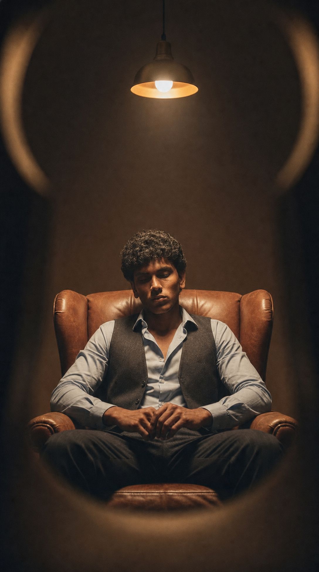 Man in Leather Armchair With Blue Shirt Under Lamp