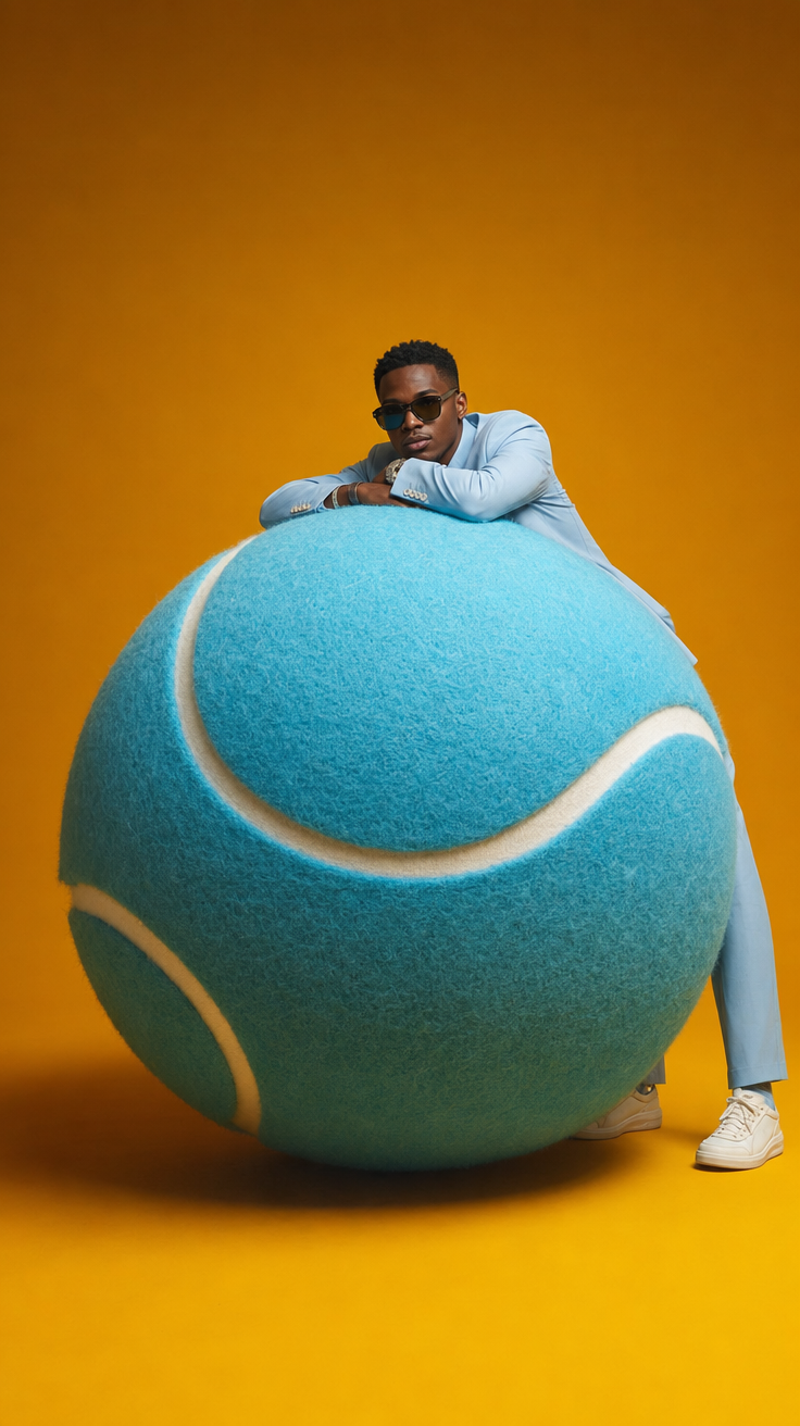 Man in light-blue suit leaning on neon cyan tennis ball