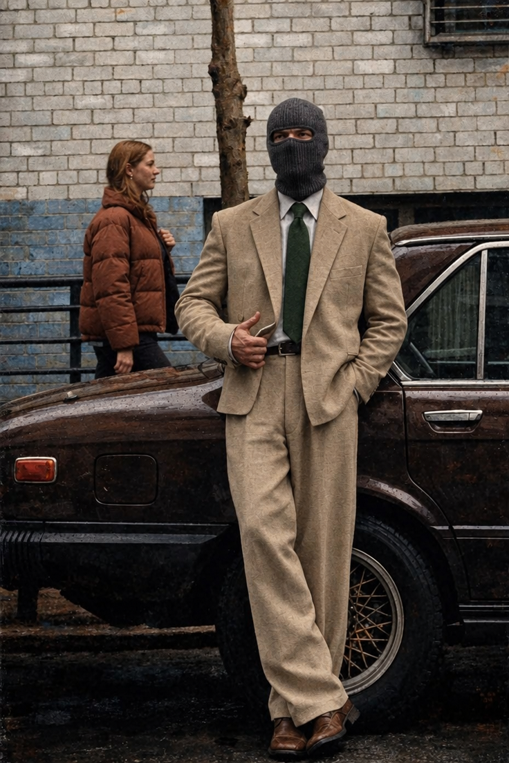 Man in sand-tan suit with green tie