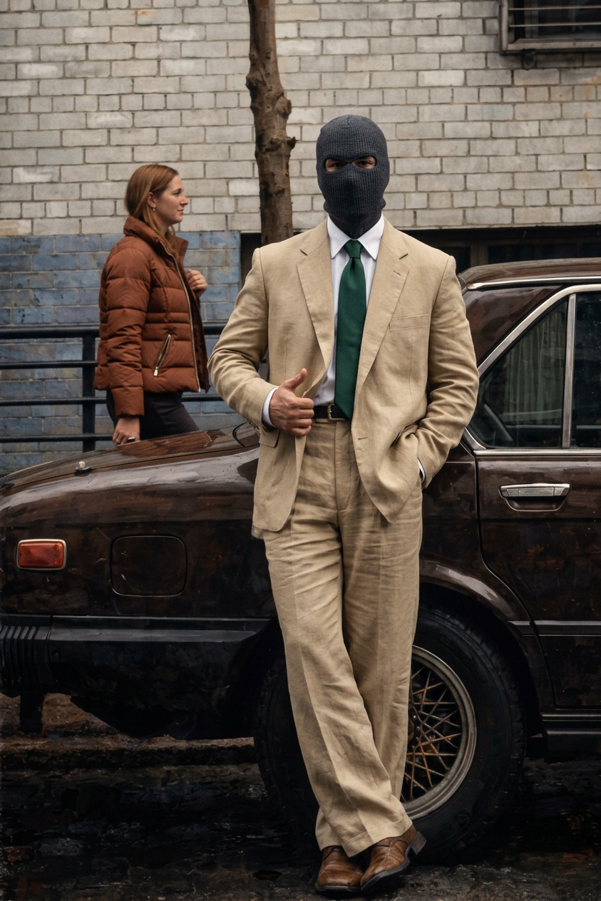 Man in sand-tan suit with green tie — Nano Banana 2