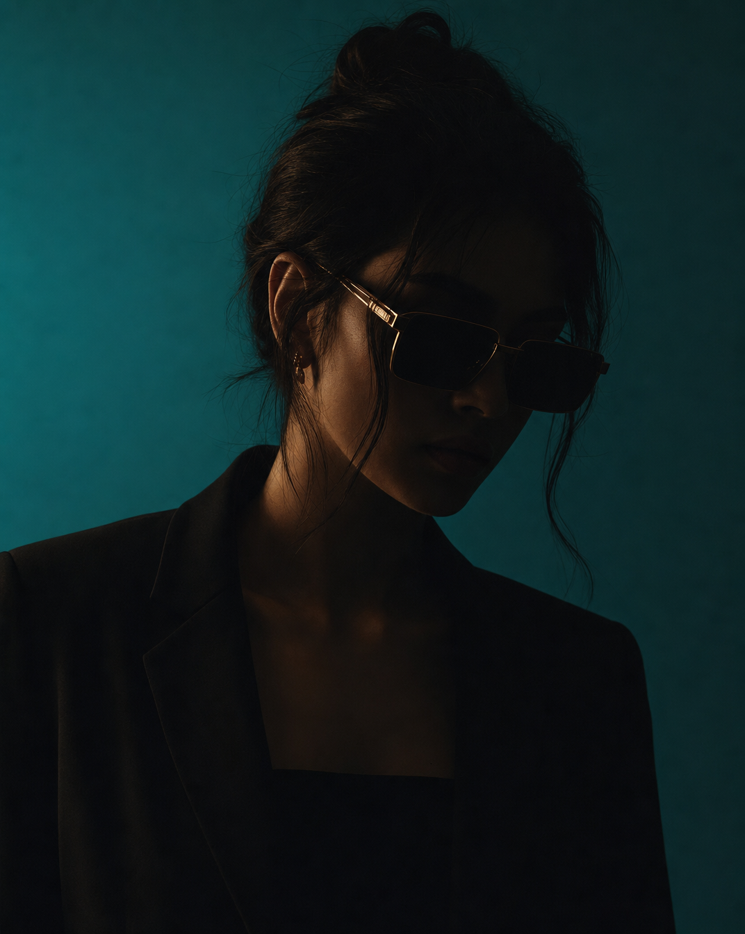Woman in Teal Light, Shadowed Fashion Portrait
