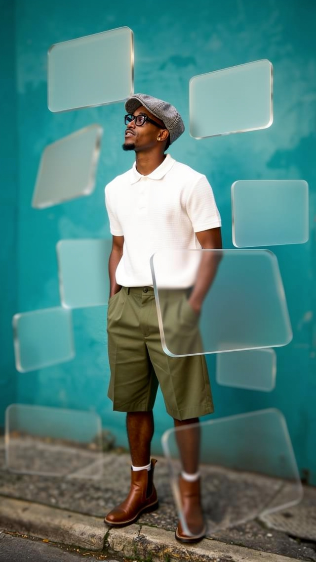 Man in white knit polo with teal wall