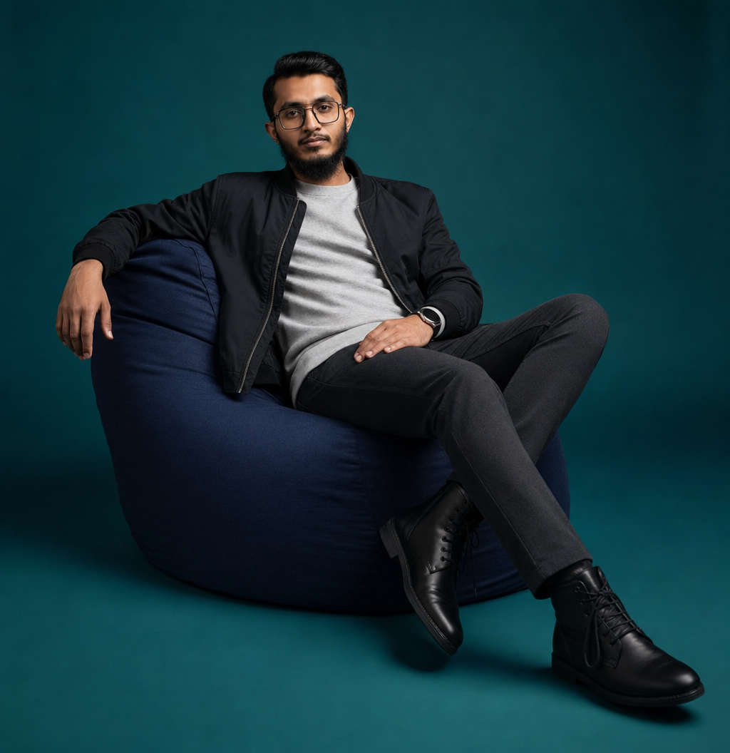 Man on navy beanbag with black bomber jacket