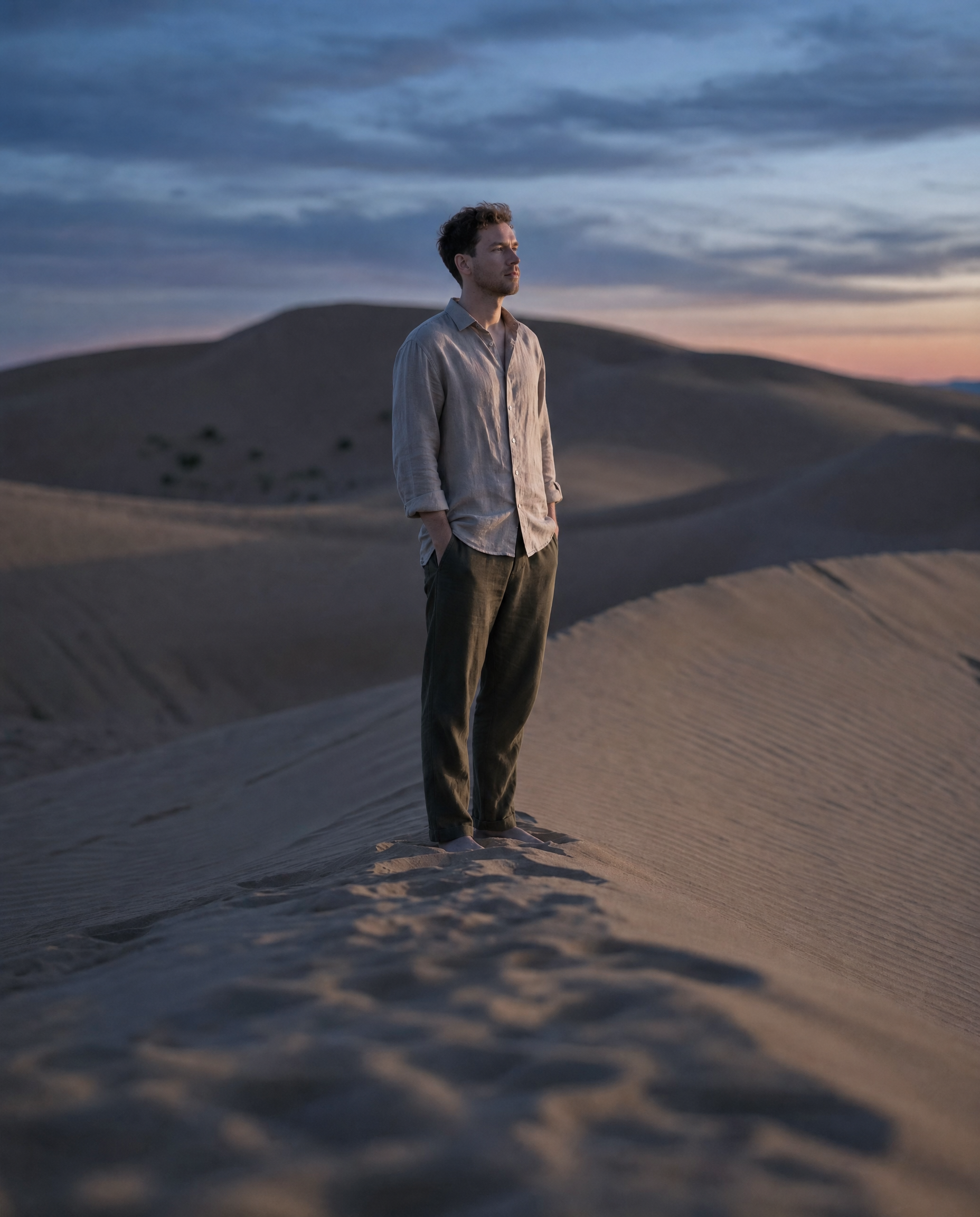Man on sand dune in blue hour