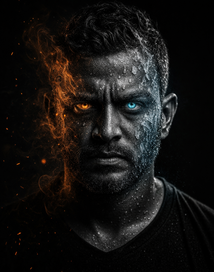 Man split by amber fire and frost