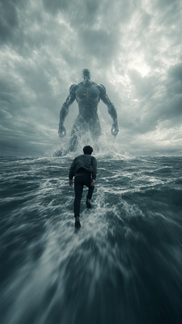 Man sprinting through teal-gray storm waves at giant