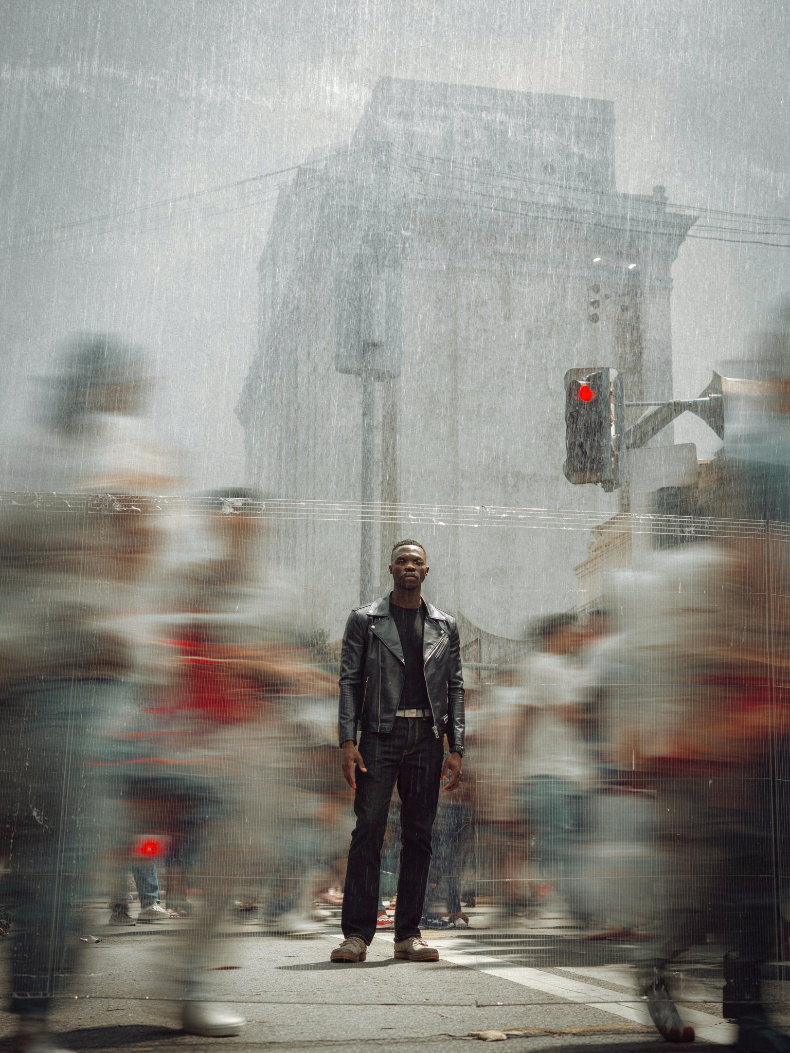 Man Standing Still in Crowd, Black Leather Jacket