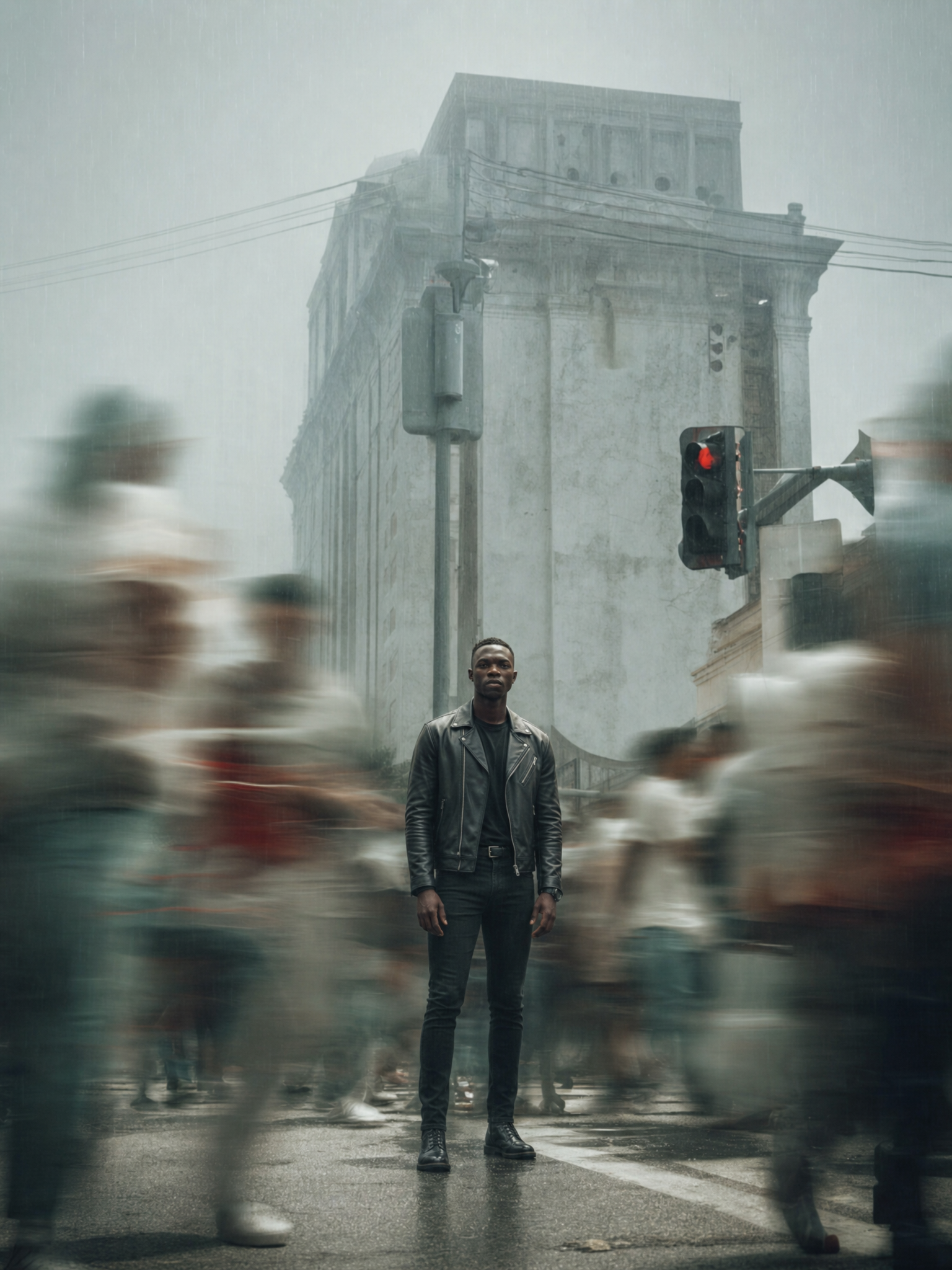 Man Standing Still in Crowd, Black Leather Jacket — gpt-image-2