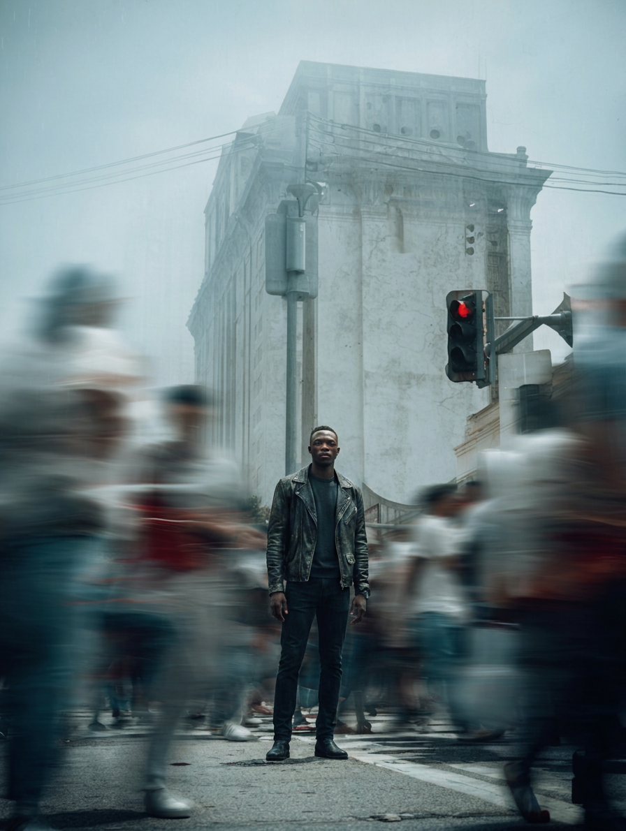 Man Standing Still in Crowd, Black Leather Jacket