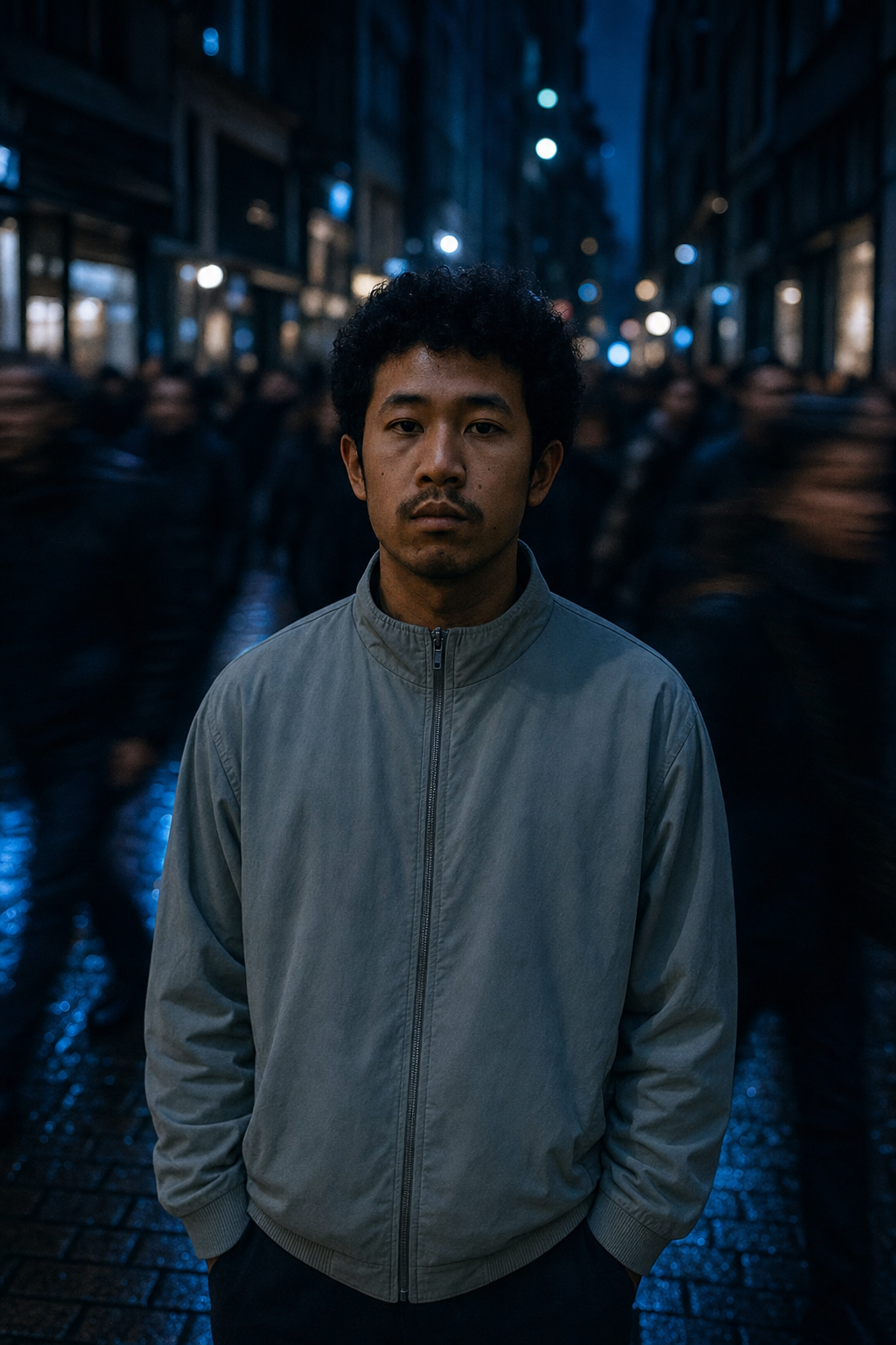 Man standing still in gray jacket at night
