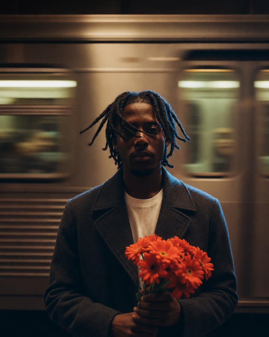 Man with red bouquet by subway