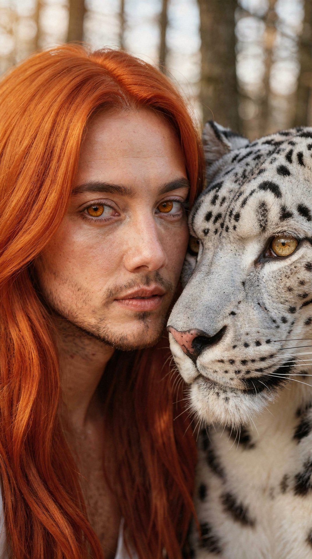 Man with Red Hair and Snow Leopard
