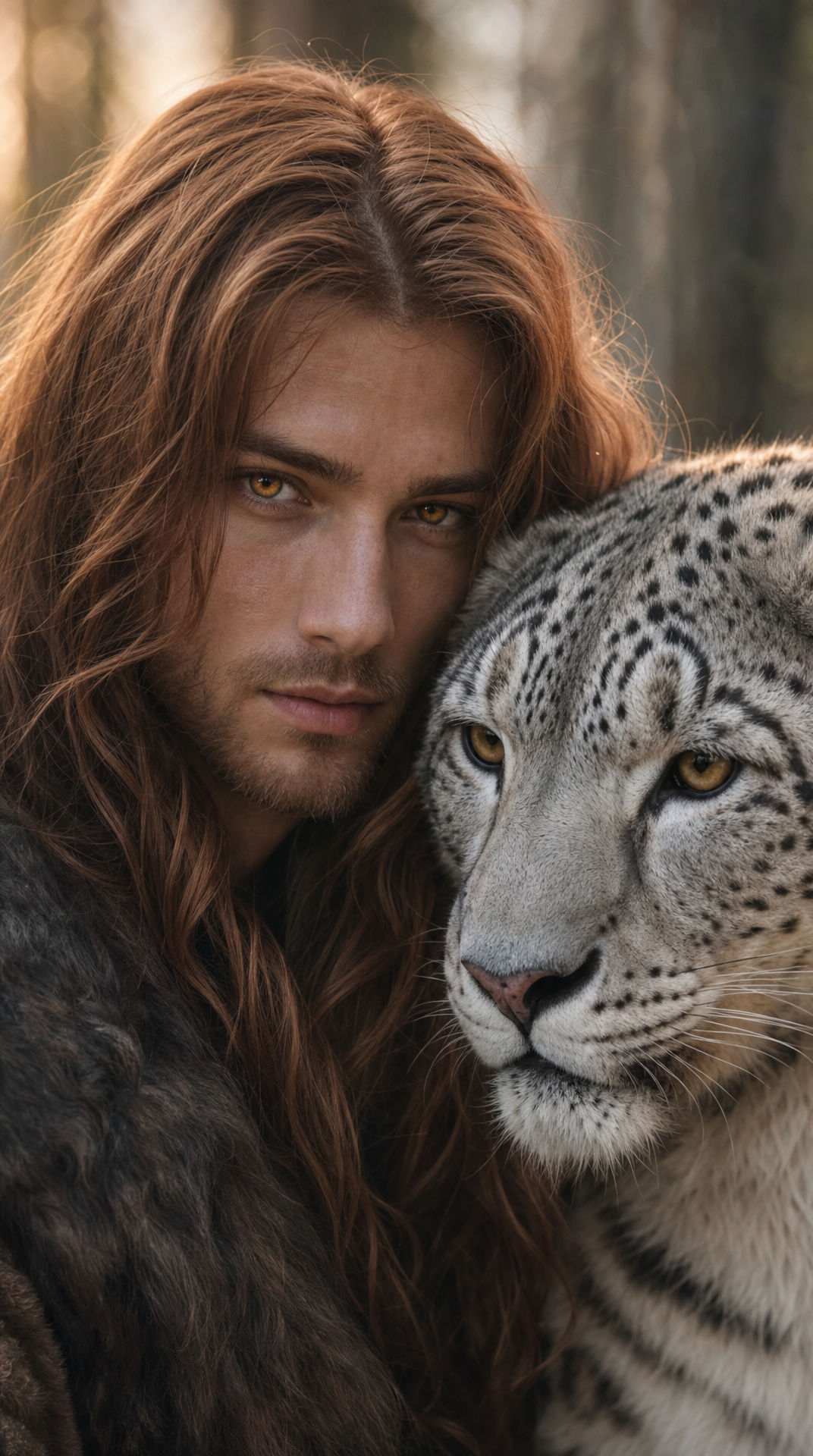 Man with Red Hair and Snow Leopard