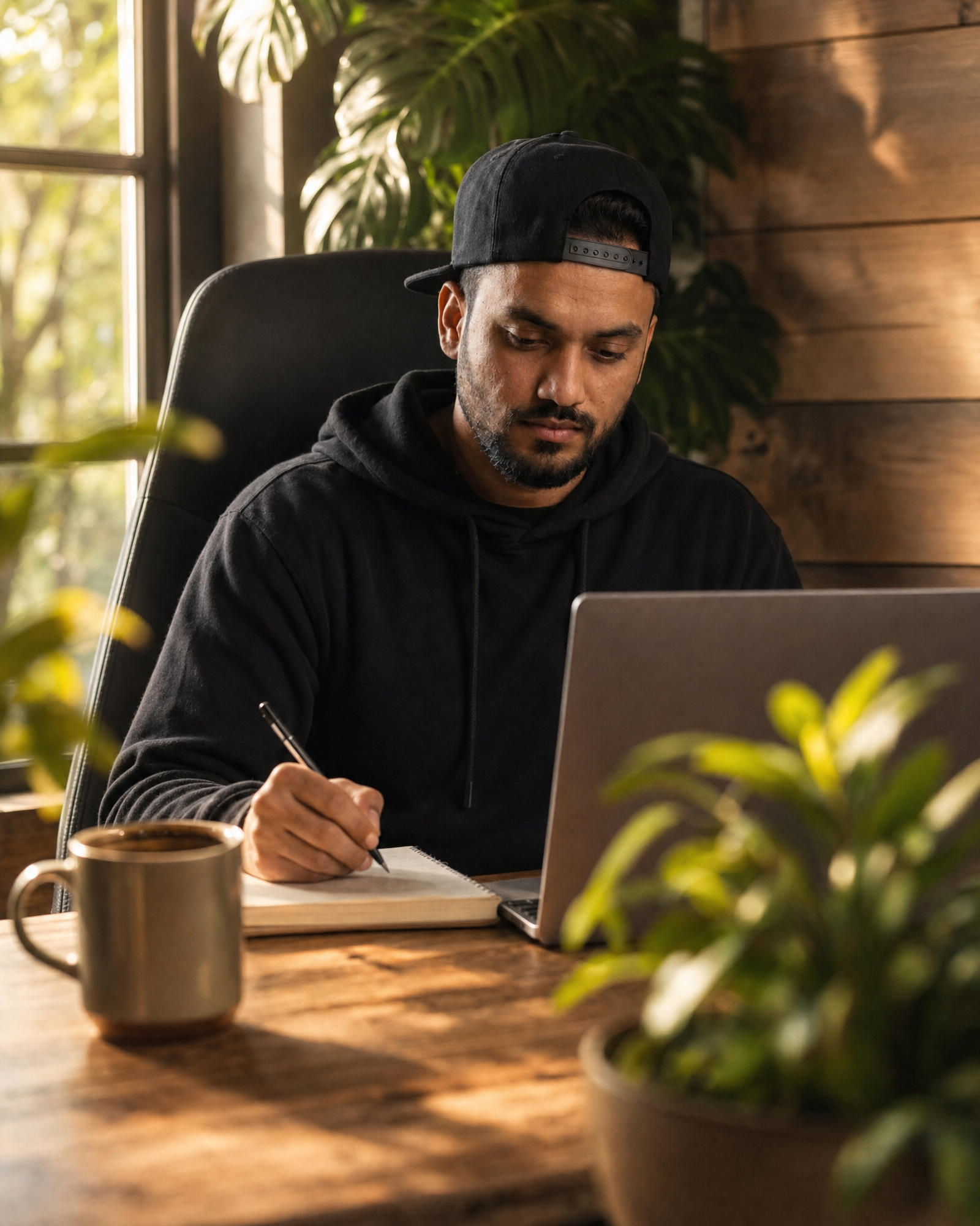 Man Writing Notes by Laptop, Afternoon Window Light