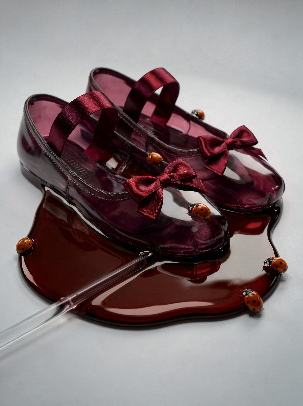 Maroon translucent Mary Janes on liquid base — flux-2-pro