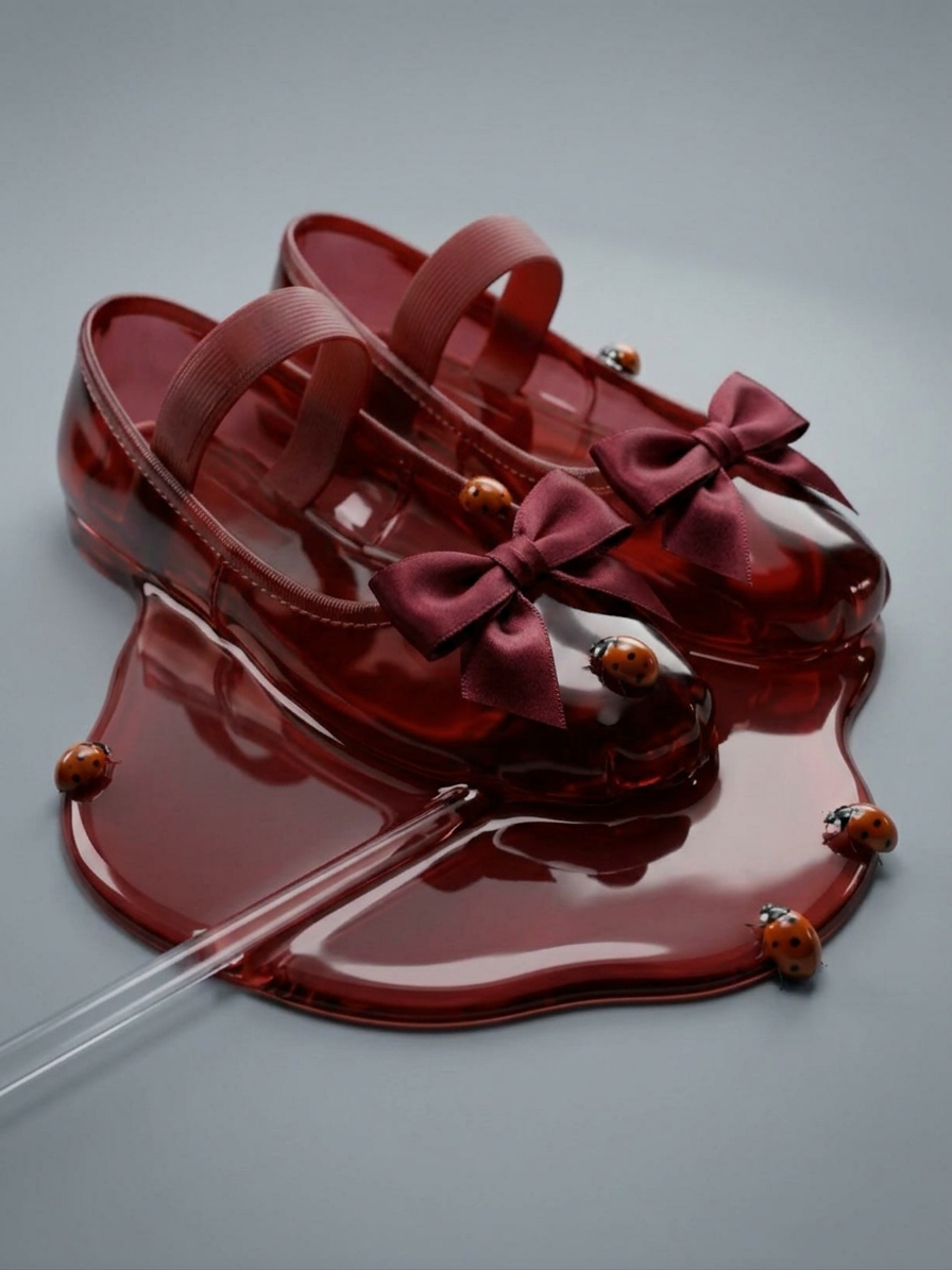 Maroon translucent Mary Janes on liquid base