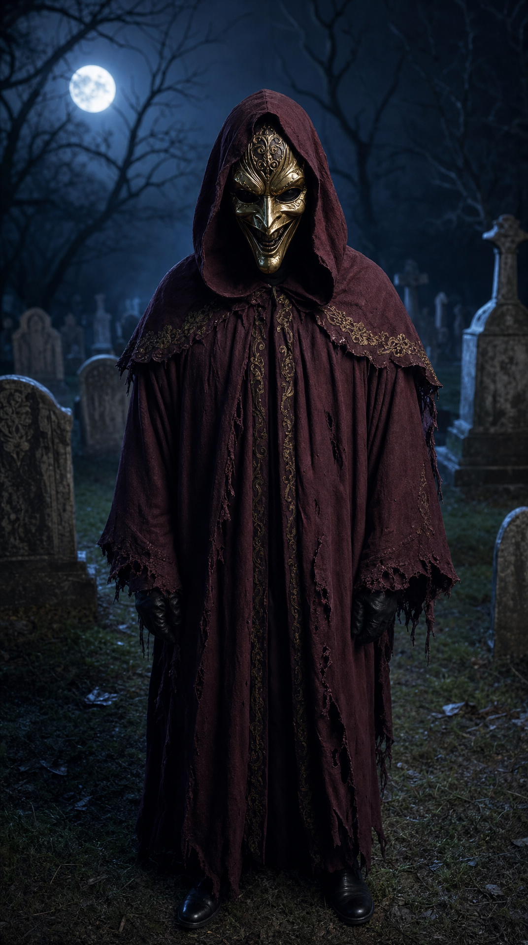 Masked Figure in Moonlit Cemetery at Night