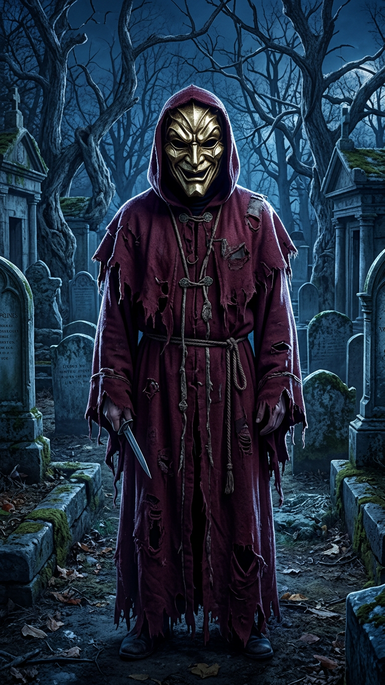 Masked Figure in Moonlit Cemetery at Night
